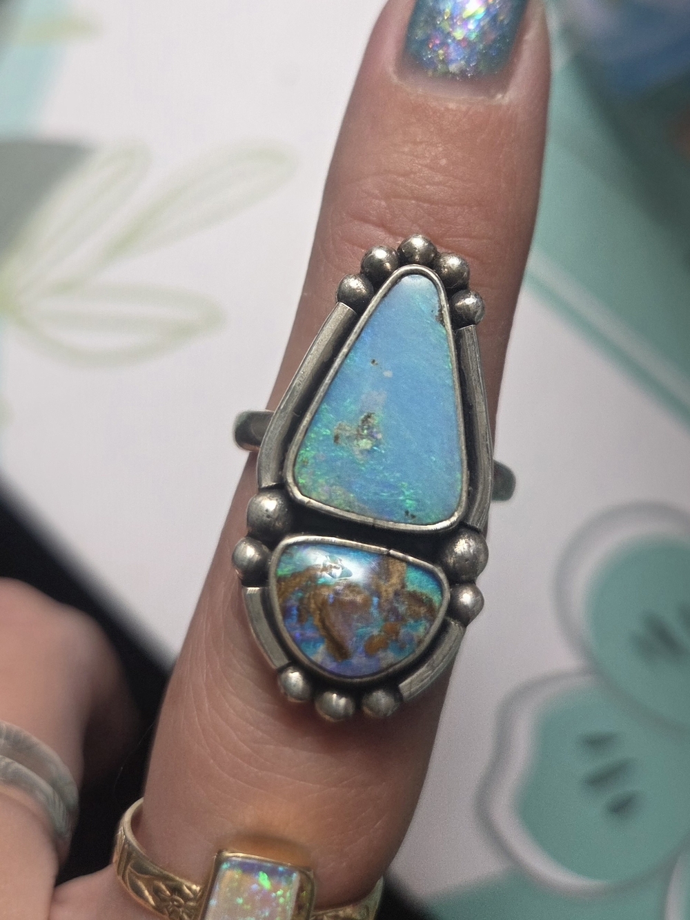 Handcrafted Silver Opal Double-Stone Ring Size 7